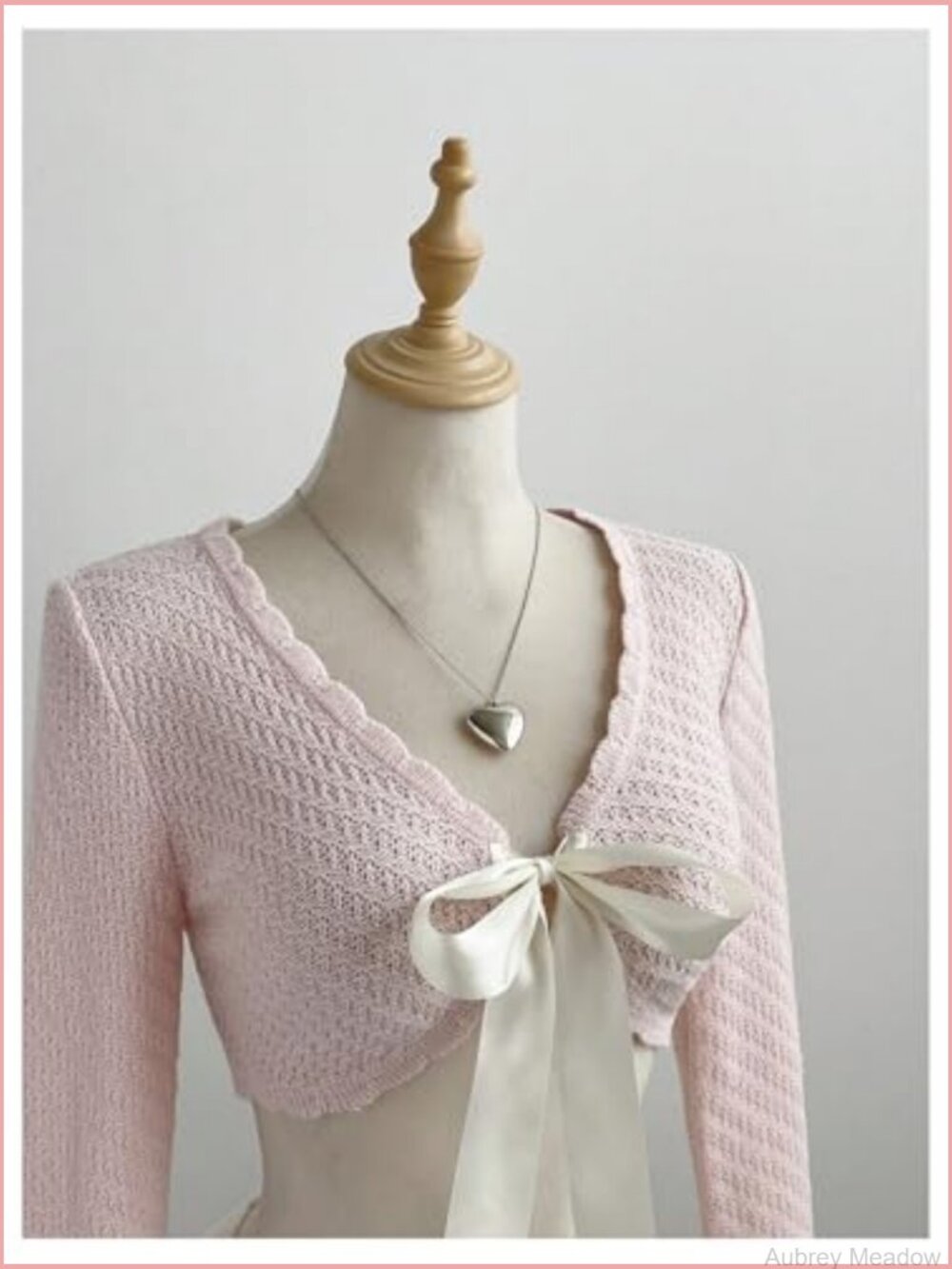 Crochet Knit Cardigan Sweater - V Neck Bow Tie Front Scalloped Trim Cropped - Picture 2 of 6